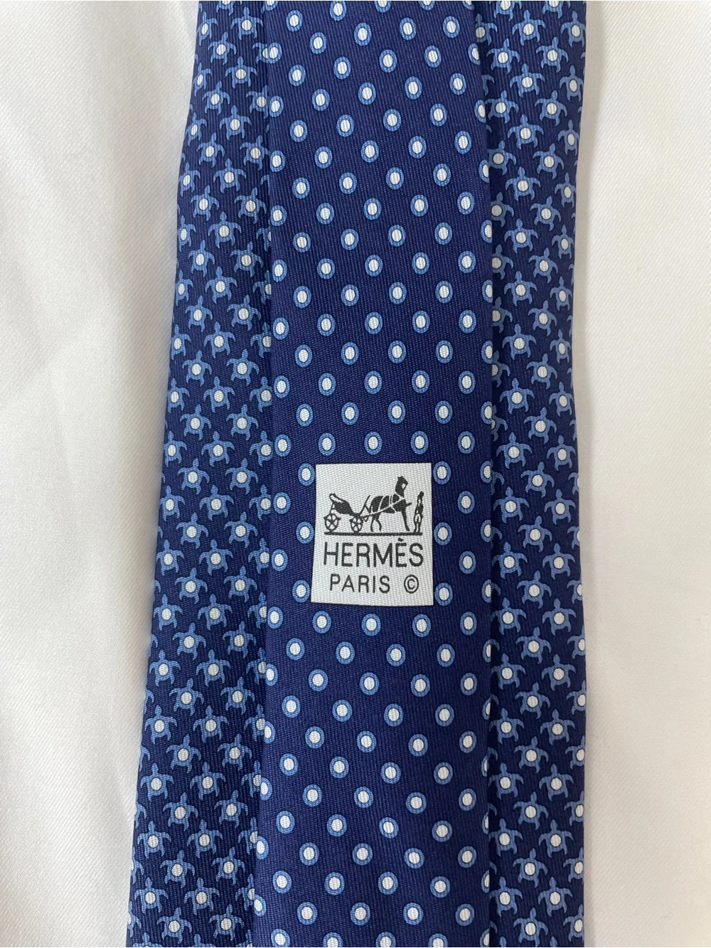 Hermes 100% Silk Navy Blue Tie Turtle “Tortue Pois” Pattern 625811 IA